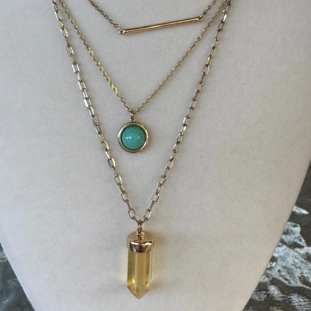 Layered Necklace‎ Set Gold Tone Turquoise & Citrine Style Pendant 24